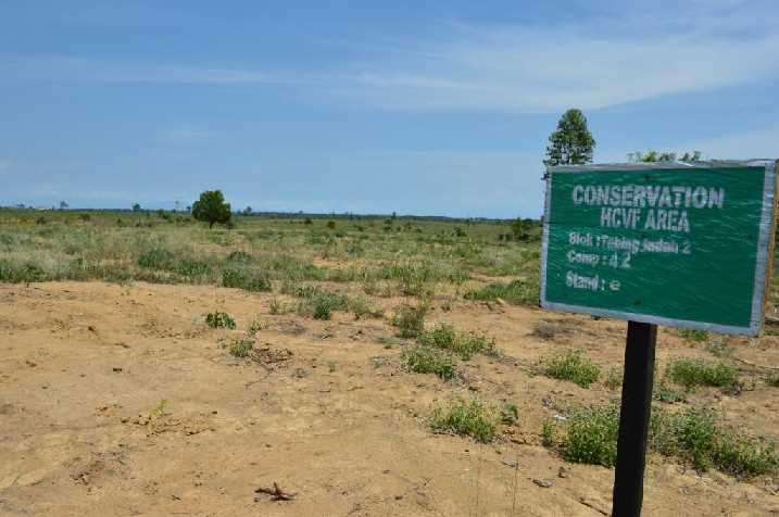 写真2: 「保全価値の高い森林地域」と書かれた看板。尚、この近くの土地には、ユーカリの苗を植えていた。MHP社が破壊行為を行った直後に植えたものだという。「保全地域」の境界はどこを走っており、どの程度の広さのものなのか。「保全地域」の保全のためには、集落を破壊するしかなかったのか（2016年8月、チャワングミリール集落で撮影）。